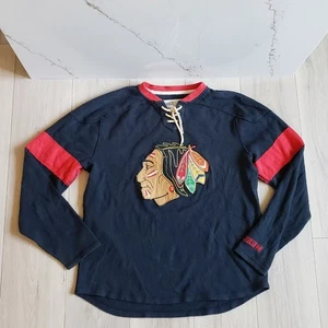 CCM Chicago Blackhawks Lace-Up Long Sleeve Shirt Mens L Vintage NHL Distressed - Picture 1 of 9