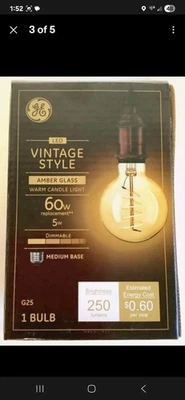 NEW GE G25 LED Light Bulb 5W 250-Lumen WARM AMBER 60W Eqv Vintage Dimmable 36528 - Image 1 of 3