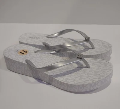 Michael Kors Bedford Glam Platform Sz 11 Flip Flop Silver Whhite Sandals MK Logo - Image 1 of 4