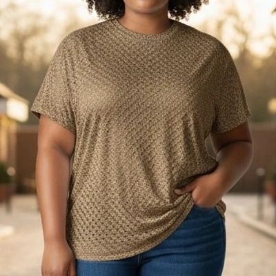 Susan Graver Mujer 3X Top Tejido Metálico Dorado Manga Corta Superposición Transparente Foto 1 de 4