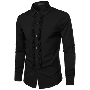 Men Formal Top Casual Shirt Ruffle Trim Solid Wedding Banquet Party Shirt Blouse - Picture 1 of 15