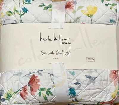 NICOLE MILLER PINK YELLOW BLUE FLORAL KING QUILT SET W / SHAMS - Image 1 of 2