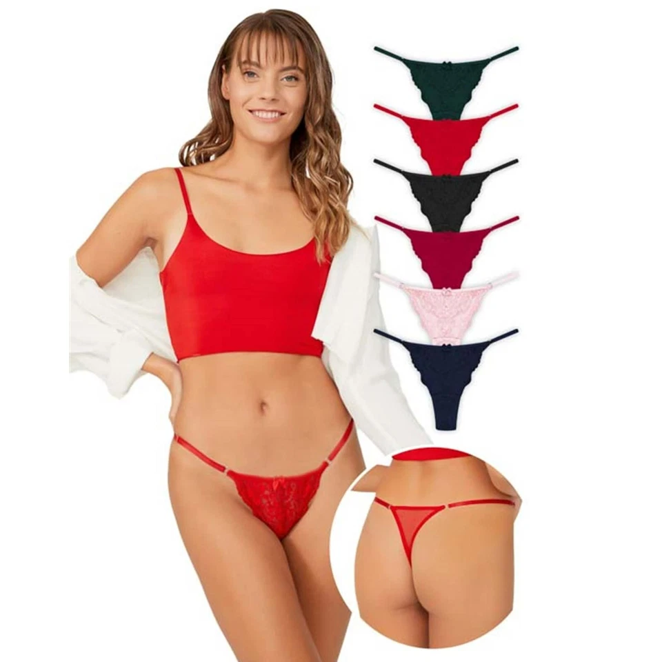 Bikini tanga de encaje frontal y tul detallada para mujer a rayas ajustables cuerda en G Foto 1 de 1