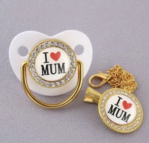 Baby Schnuller Gold mit Schnullerkette Strass Mädchen Girl Geschenk - Bild 1 von 1