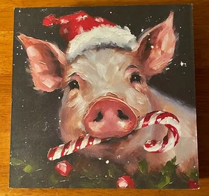 Candy Cane Pig Sign Santa Hat Farmhouse Farm Kitchen Christmas Home Decor New - Picture 1 of 3