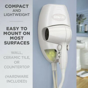 Conair Wallmount 1600 Watt Hair Dryer with LED Night Light; White, NEW - Picture 1 of 9