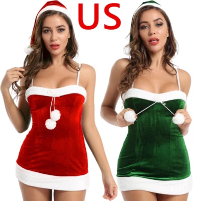 Freebily Para Mujer Navidad Elfo Santa Juegos con disfraces Navidad Vestido Disfraz Vestido con Sombrero Foto 1 de 4