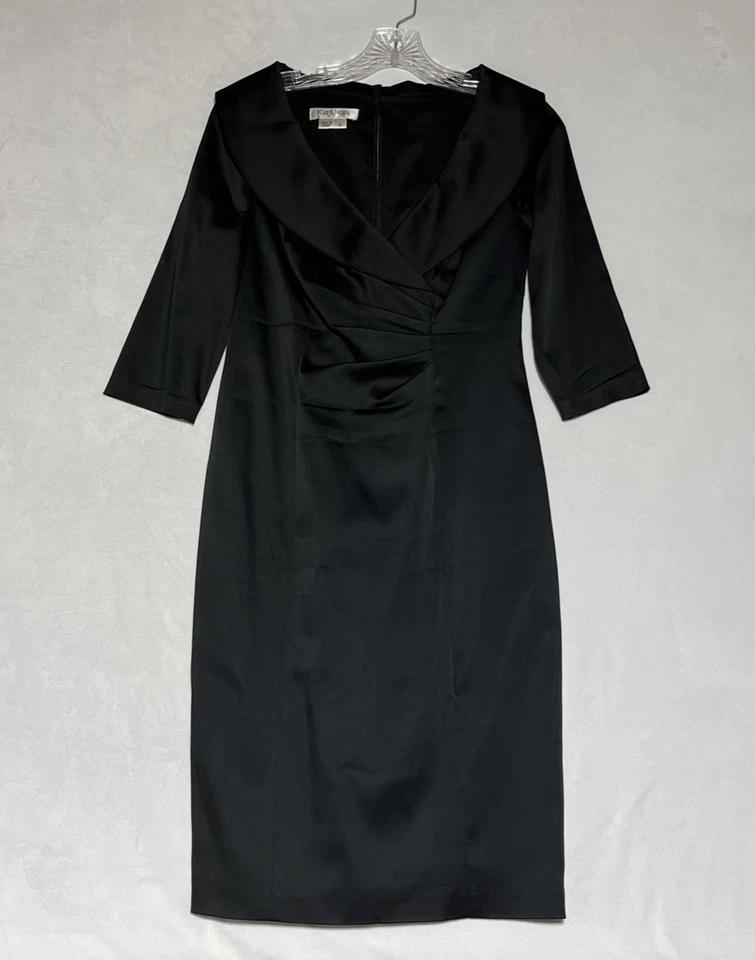 Vestido Vaina Kay Unger 4 Negro Satinado Cuello en V Mantón Cuello Acanalado Cóctel Formal Foto 1 de 4