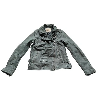 Lucky Brand moto jacket lamb leather womens XS blue gray distressed biker - Image 1 of 4