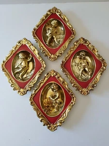 Vintage Mid-Century Ardco Japan Red/Gold Cherub Wall Hangings Set of 4 EUC - Picture 1 of 7