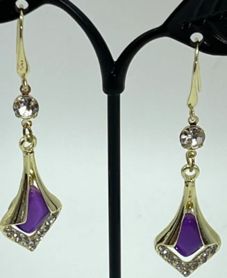 Earrings Gold Tone with Purple Faux Opal Stone w/Clear Crystal Highlights - Image 1 of 3