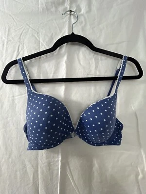 Victorias Secret Push Up Bra Navy Blue White Polka Dot Lace Trim 34C - Image 1 of 4