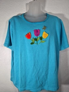 Quacker Factory Aqua Blue Lightweight Sweater Size 2X Short-Sleeve Tulips - Picture 1 of 7