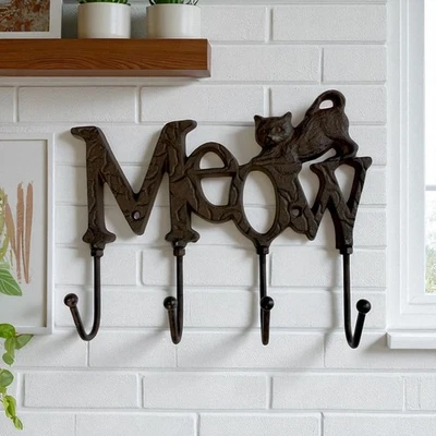 Whimsical Cast Iron Meow Cat Hook Rack, Rustic Wall Organizer - Image 1 of 4