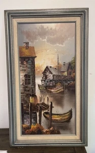 Ölgemälde signiert W.Zeller Fischerdorf Boote 17”x 29” gerahmt - Bild 1 von 5