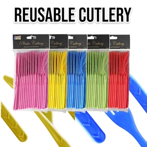 Reusable Plastic Cutlery (18.5cm) - Strong & Durable in Knifes Forks Spoons Mix - Picture 1 of 29