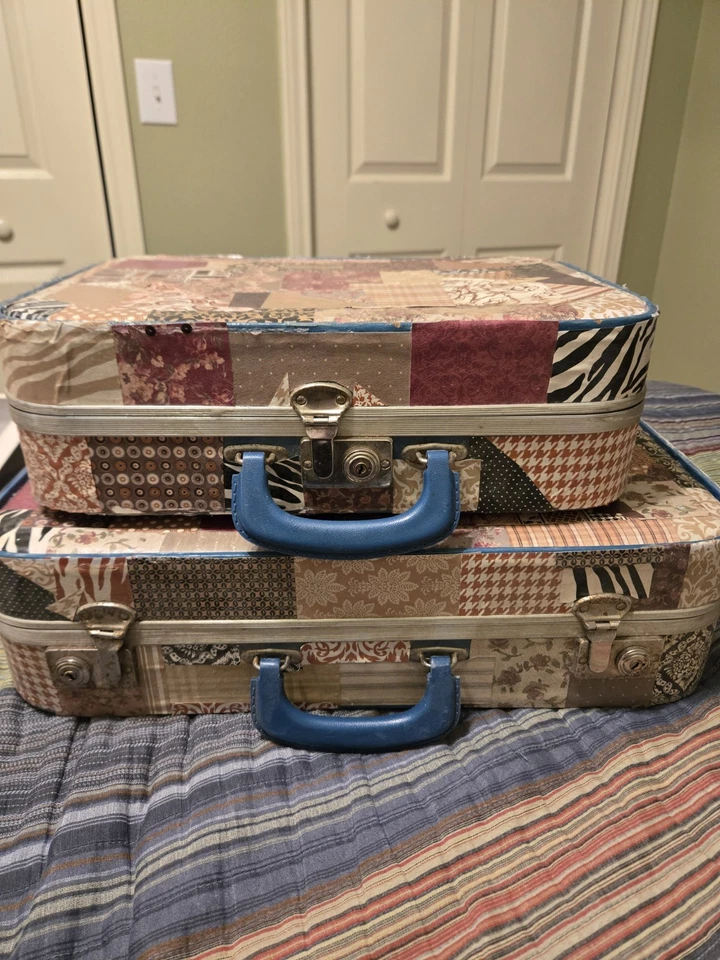Vintage Set Of 2 Hardcase Suitcases Blue That Have Been Decoupaged - Image 1 of 4