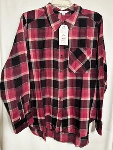 WOMENS LARGE NEW PINK BLACK PLAID LONG SLEEVE FLANNEL SHIRT - Picture 1 of 4