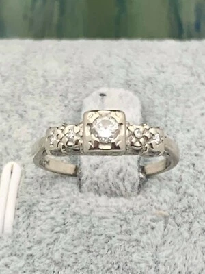 14K White Gold Diamond Engagement Ring- Vintage1940s- Size 5 3/4- 0.19 CTW - Image 1 of 4