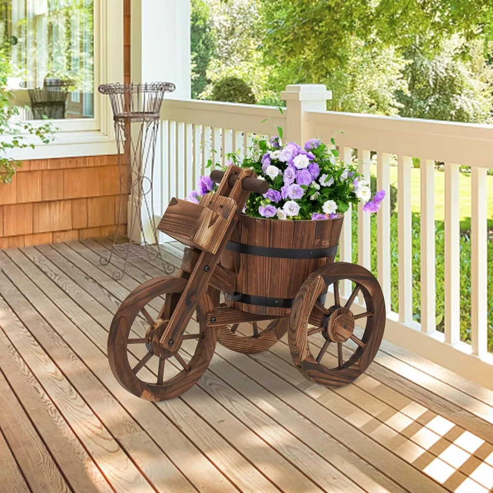Wood Cart Garden Planter Pot w/3 Wheels Barrow Wagon Flower Barrel Outdoor Decor - Image 1 of 4