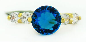 LAB BLUE TOPAZ  2.15 Cts & WHITE SAPPHIRE RING 14k Gold Plated NWT