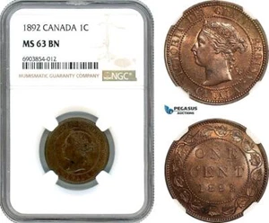 AK245, Canada, Victoria, 1 Cent 1892, London Mint, NGC MS63BN - Picture 1 of 1