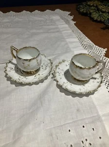Antique Two Tea Cup & Saucer Set Raised Gold Gilt Bone China Damaged - Bild 1 von 8