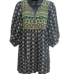 Umgee Shirt Large Bohemian schwarz-grün Damen Oberteil Blumen Azteken Puffärmel - Bild 1 von 14