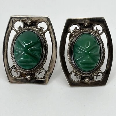 Pendientes Vintage Estate TNC Plata de Ley 925 Tornillo Trasero Tallado Ónix Verde Foto 1 de 3