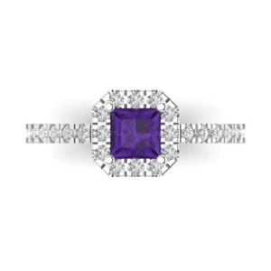 0.89 cttw Halo Natural Amethyst Engagement Ring - 14K Solid Gold (White Gold) - Picture 1 of 11