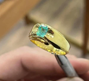 Natural Mined Earth Green 14k Yellow Gold Emerald Ring, Engagement Ring For Men - Picture 1 of 5