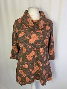 TIGI Women's Top Size UK10 3/4 Sleeves Roll Neck Orange Floral Print Knit C1925