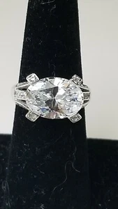 Stunning 925 Sterling Silver Large White Stone Solitaire/ Sm. Accents Ring-6.5 - Picture 1 of 9