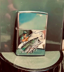 Unfired Vintage 1998 Zippo Fly Fishing Fisherman Chrome Lighter Bass Trout - Picture 1 of 7