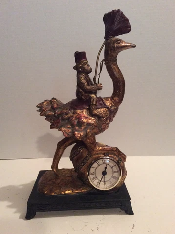 2002 STERLING IND. MONKEY RIDING OSTRICH with EGG MANTLE/DESK CLOCK Cover