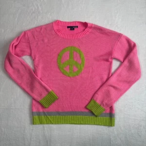 Basic Editions Pink Green Peace Sign Knit Long Sleeve Pullover Sweater Womens XL - Picture 1 of 10