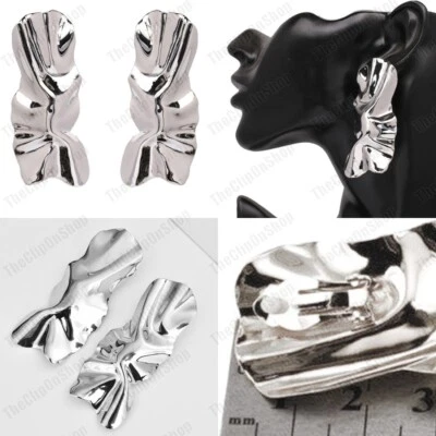 LARGE 7cm CLIP ON EARRINGS folded square SILVER FASHION futuristic SHINY METAL - Image 1 of 3