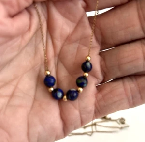 14K Yellow Gold Round Bead & Lapis Lazuli Beads 1/20 12kGF Gold Chain Necklace - Picture 1 of 5
