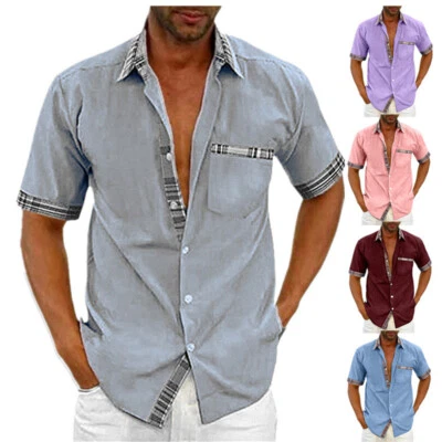 Mens Short Sleeve Button Shirts Summer Casual Loose Pockets T Shirt Blouse Tops↕ - Image 1 of 4