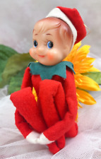 Vintage 12" Christmas Pixie Elf Felt Knee Hugger Blue Eyes Jingle Bell Hat