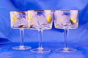 Rare MCM 3 clear stemmed cocktail glasses w gold rim frosted and gold leaves - Picture 1 of 4