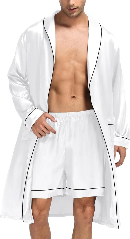 Мужской легкий атласный халат с шортами мягкий шелковистый кимоно стиль Loungewear - Изображение 1 из 4