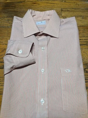 OSCAR DE LA RENTA Cream Orange Striped Button Up Long Sleeve Dress Shirt 16 VTG - Image 1 of 4