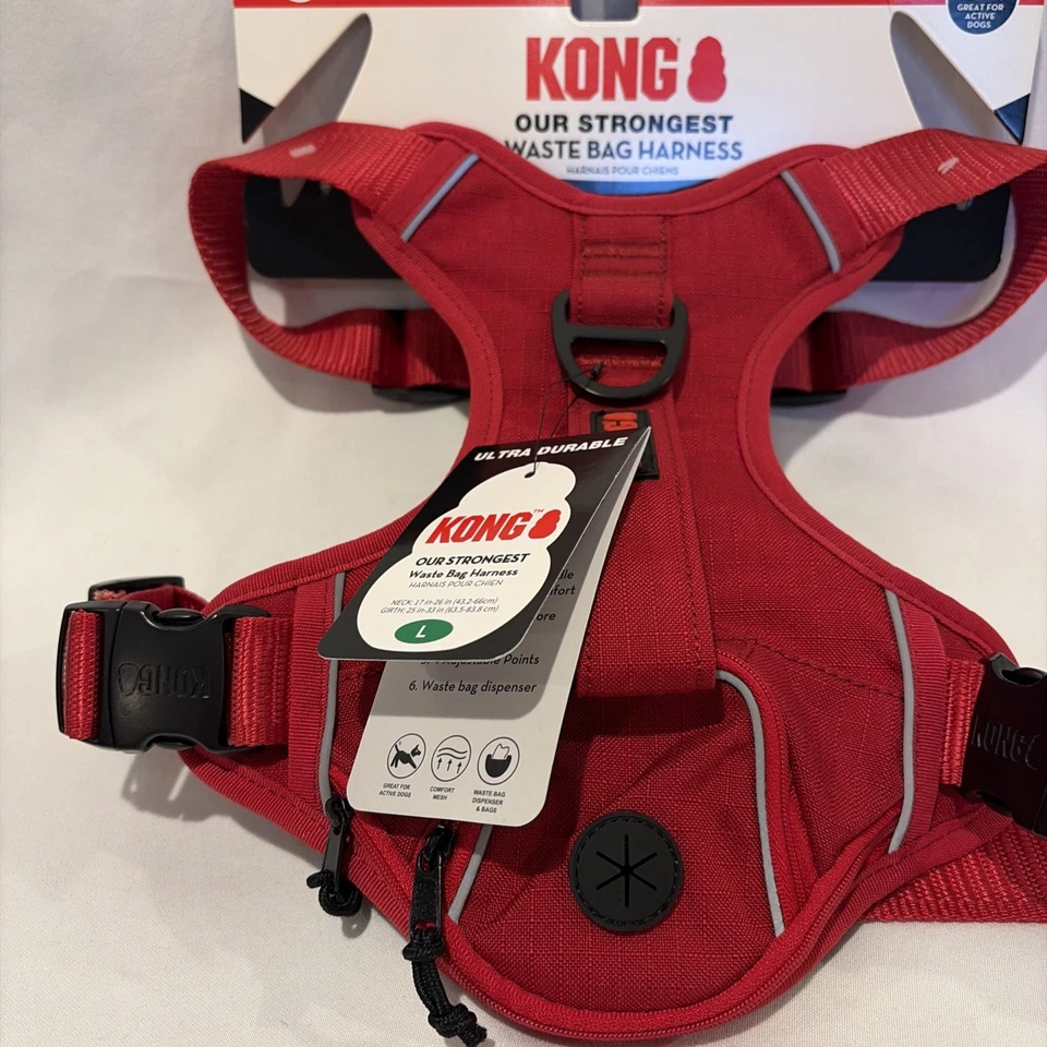Kong Ultra Durable Red Large Dog Harness With Waste Bag Dispenser For Active Lg