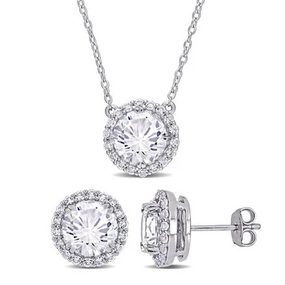 AMOUR 8 1/3 CT TGW Created White Sapphire Halo Earring & Pendant Set In Sterling - Image 1 of 4