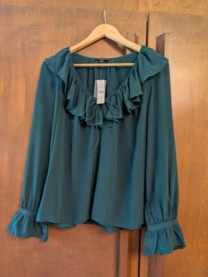J Crew Deep Green Silk Ruffle Collar Blouse Nwt M Medium - Image 1 of 4