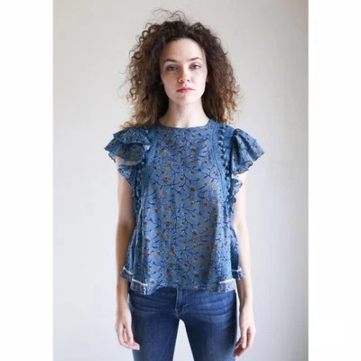 Sea New York Khloe Blue Floral Pom Pom Ruffled Flutter Sleeve Blouse Womens 2 - Изображение 1 из 4