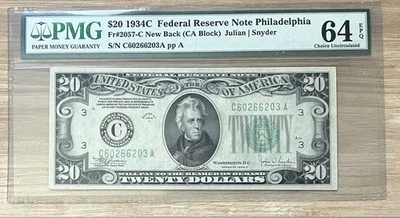 1934C $20 Federal Reserve Note – PMG 64 EPQ (Fr. 2057-C New Back) - Image 1 of 2