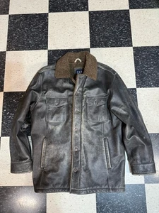 Vintage 90s GAP Leather Barn Coat Jacket Sherpa Lined Black Distressed Men’s XL - Picture 1 of 8