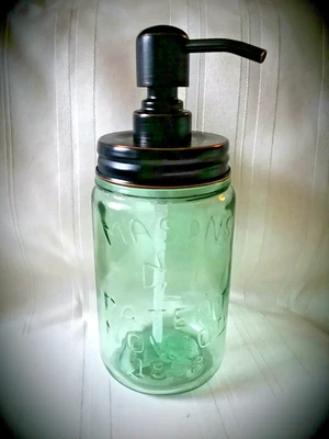 Soap Pump Dispenser OIL RUBBED BRONZE MASONS PATENT 1858 Jar Reproduction Green - Image 1 of 4